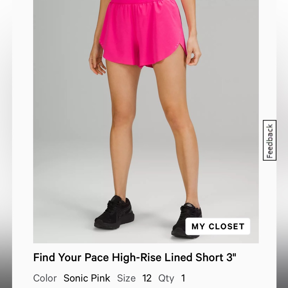 Size 12, sonic pink, Lululemon find your pace high-rise lined shorts 3”
